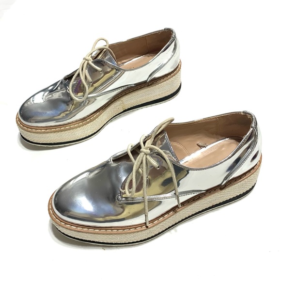 Zara Metallic Silver Platform Lace Up Shoes Size 37/US 6.5 - Picture 4 of 13